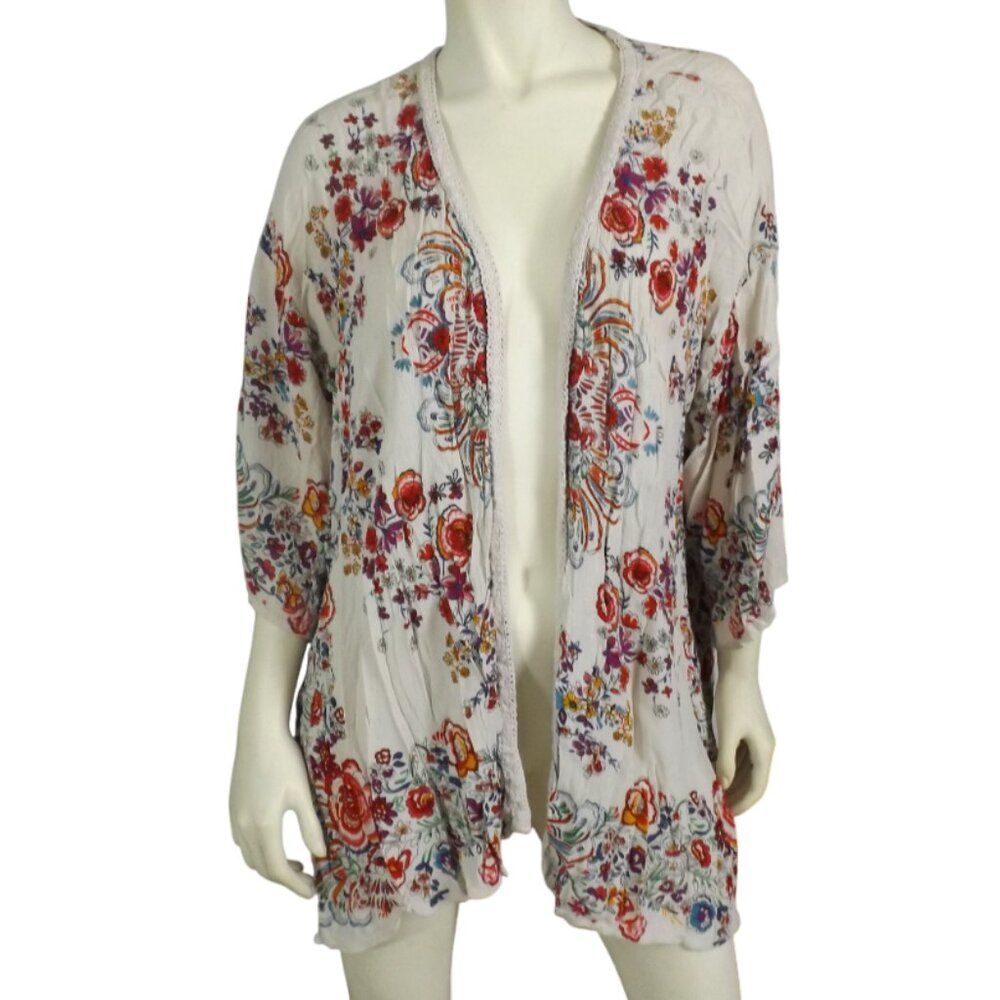 BILA Robe/Kimono, XL/XXL, Open Front, Short, White Floral, Lace trim, Mid Sleeve
